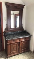 Restored pewter chest of drawers with marble top, columns and mirror for sale.