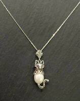 Special cat silver pendant with ruby eyes, marcasite and fire enamel /925/ --new