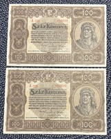 100 Korona 1920 - 2 serial number trackers - aunc