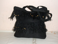 Black textile fringed shoulder bag, beach bag