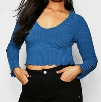 New 44/L Blue Ribbed Long Sleeve Crop Top, T-Shirt, Top, Blouse