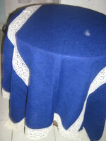 Elegant half-linen woven tablecloth with a beautiful blue lacy edge and lace