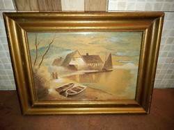 35X26 old watercolor painting behind glass in a signed gilt frame
