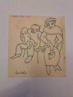 Feiks Jenő (1878-1939) "Családi élet" humoros kézimunka tus rajz