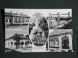 Postcard, Békésszentandra, council house, dam, savings association, pub, statue