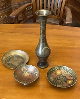 4 copper metal Arabic ornamental vases decorated with flowers and 3 bowls together