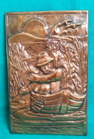 Fém préselt lemez jelenetes falidísz - bronz vagy réz anyagból - Balaton, csónak, halász figura