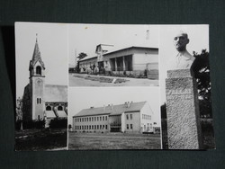 Postcard, besnyő, mosaic details, church skyline, village house, school, Salla statue