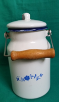 Enamel blue with floral decor, white mini milk jug, village peasant, decoration vintage