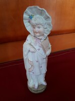 Little girl with fan: antique colored unglazed porcelain sculpture