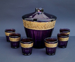Art deco Walther bowl set, a large serving bowl with a lid, 6 glasses, gold-plated antique