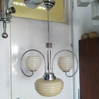 Streamline - art deco 3-burner nickel-plated chandelier renovated - horizontally ribbed, cream shade