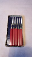 Old stainless 5 two-pronged snail / fruit small fork with plastic handle