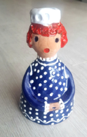 Ceramic bell, lady in blue polka dot dress, unknown mark, marked