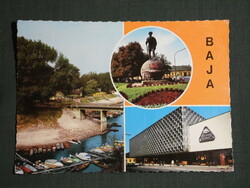 Postcard, baja, mosaic details, Sugovica boat harbor, András Jelky statue, Báska store