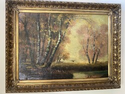 Cozy autumn landscape oil on canvas painting in a beautiful frame