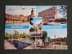 Postcard, Békéscsaba, mosaic details, Rózsa Ferenc high school, church, hotel, beach spa