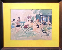 Life on the beach (watercolor) cheerful, summer picture from 1961 by Gyula painter Rozália Kosta
