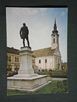 Postcard, baja, tóth kálmán tér, statue, church