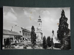 Postcard, baja, Tóth Kálmán tér, street, statue, church