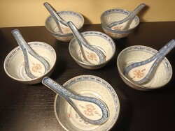 6 vintage Chinese deep rice bowls with spoon - rice bowl - with transparent rice grain pattern - 6 pieces in one