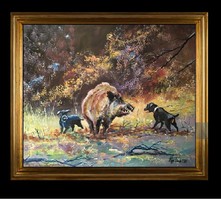 Captured - hunting scene painting - in a gold picture frame