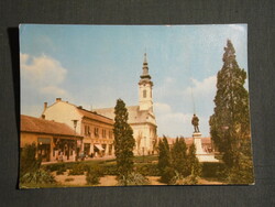 Postcard, baja, Tóth Kálmán tér, street, statue, church