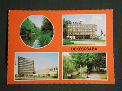 Postcard, Békéscsaba, mosaic details, hotel, Kőrös, Kner printing house, park sculpture
