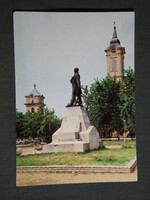 Postcard, Békéscsaba, Kossuth square, statue, park detail, church skyline