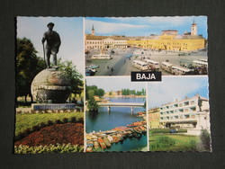 Postcard, baja, mosaic details, Sugovica with bridge, main square, bus station, Ikarus bus, Jelky statue