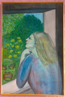 Modern expressionist painting. Sara godthart: woman looking out the window