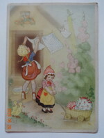 Old graphic greeting card with fairy tale scene - Charlotte Baron drawing (1944)