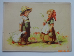 Old graphic greeting card - girl and boy with goose