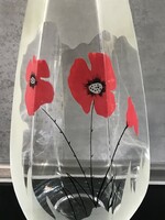 Hexagonal glass vase with a hand-painted poppy pattern, 30 cm high