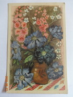Régi grafikus virágos üdvözlő képeslap, Domján Józsefné rajz - postatiszta