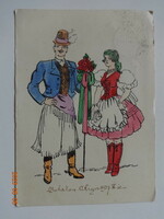 Old graphic greeting card, Hungarian national costume (1937)