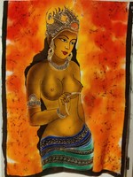Shirtless Hindu woman, batik mural painted on Indian canvas from India