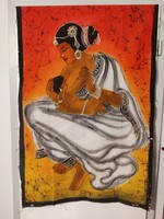Hindu woman breastfeeding her child, batik mural painted on Indian canvas from India