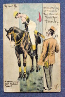 Antik kicsit pajzán kézzel kifestett grafikus képeslap  - úr és lóra felülő hölgy  udvarlás 1901ből