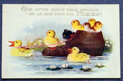 Old Easter greeting card - duck chicks kitten shoe boat from 1921