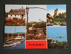 Postcard, Balaton Tihany, mosaic details, abbey church skyline, harbor, pier, country house