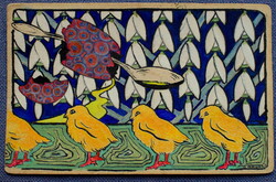 Kézzel festett Arts and crafts? stílusú antik szignált húsvéti képeslap   1913ból
