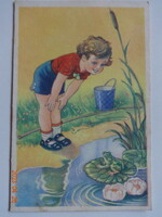 Old graphic postmark postcard: boy watching a frog - József Tury drawing