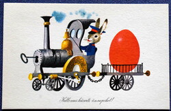 Retro Easter greeting card by Károly Kecskemét graphic - bunny egg, locomotive