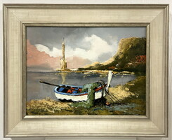 T.Varga: boat on the shore, oil painting