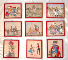 Kézzel festett antik selyemkép sorozat népviselet életkép aratás pásztor népművészet csikós puszta