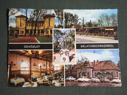 Postcard, balatonszárszó, mosaic details, Véndiofa restaurant, lakeside restaurant, tavern, József Atilla statue