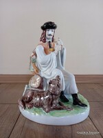 Old Zsolnay flute-playing shepherd with his dog porcelain figure