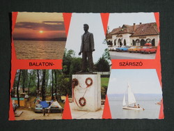 Postcard, balatonszárszó, mosaic details, old walnut restaurant, camping, sailing, József Atilla statue