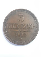 Szép állapot!!! Ausztria Ferenc József 3 krajcár kreuzer 1851 B bronz érme